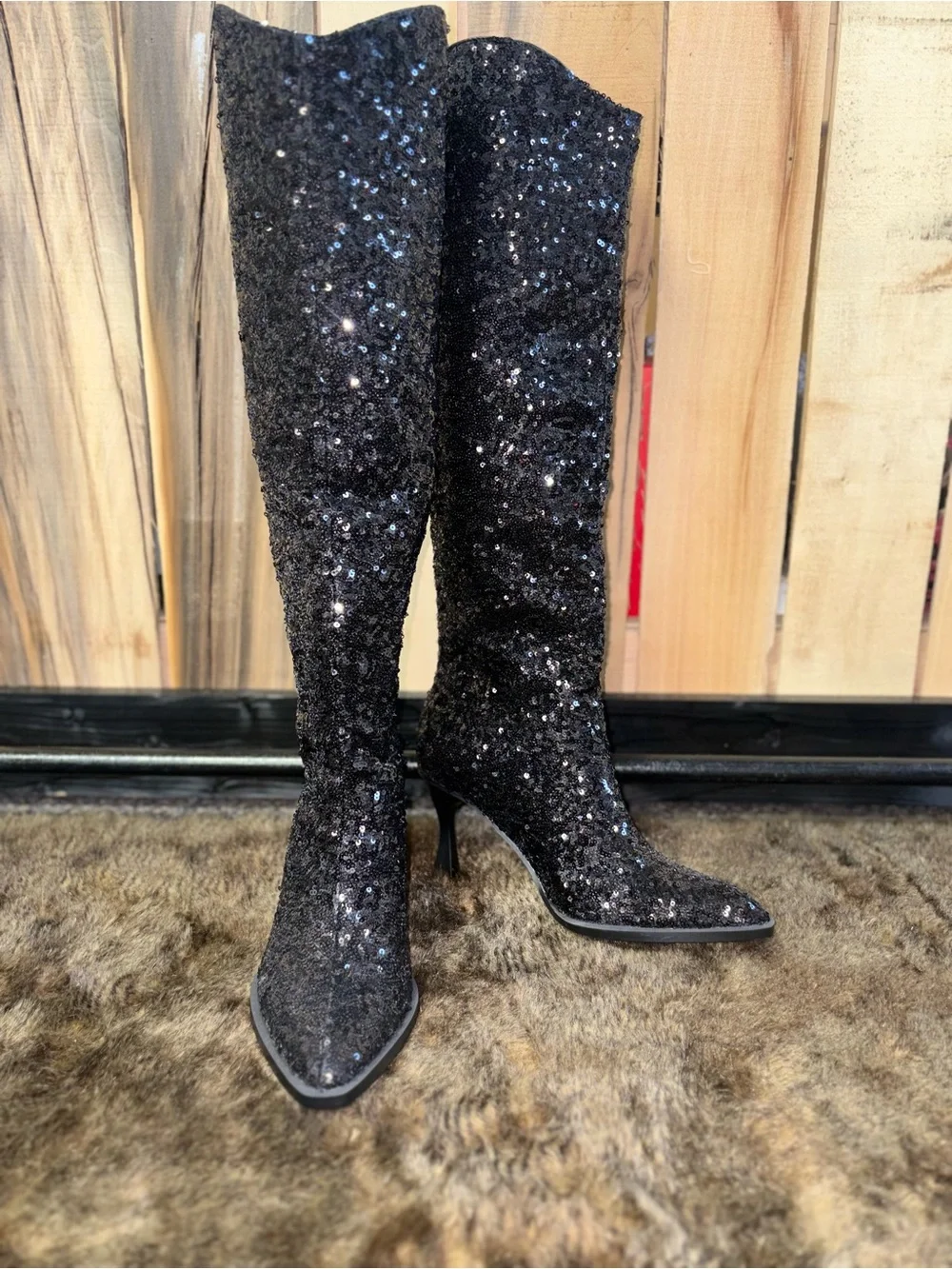 Sequin Over-the-Knee Dress Boots in Black